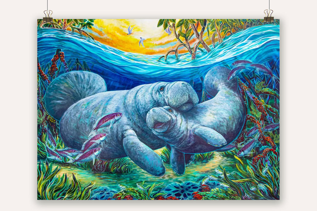 Colorful manatee artwork inspired by Florida coastal living. Original painting by Florida artist Kelly Quinn - Kelly of the Wild