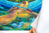 Colorful sea turtle canvas poster art inspiring coastal vibes in any home. Featuring Miami Boca Chita Key lighthouse in Biscayne National Park. 