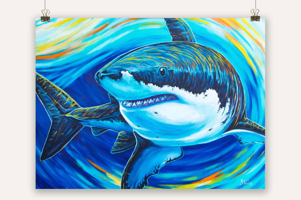 Great white shark painting inspired by marine science that's perfect for anyone who loves sharks. Poster fit great in a kids room. Original painting and prints by Florida artist Kelly Quinn - Kelly of the Wild