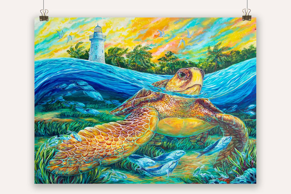 Colorful sea turtle canvas poster art inspiring coastal vibes in any home. Featuring Miami Boca Chita Key lighthouse in Biscayne National Park. 