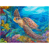 Colorful sea turtle canvas poster art inspired by Florida coastal living. Featuring a vibrant coral reef filled with reef fish and other Caribbean ocean animals discovered while scuba diving Florida.