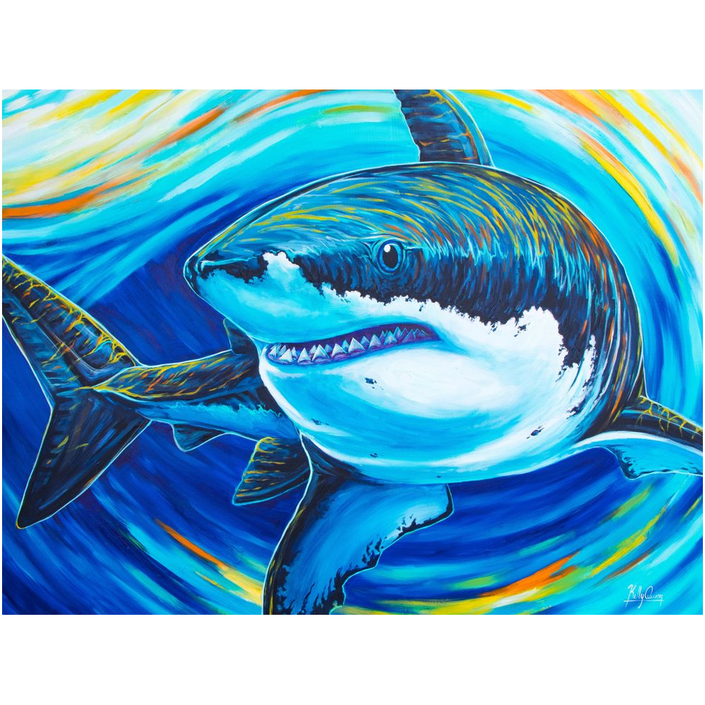 Great white shark painting inspired by marine science that's perfect for anyone who loves sharks. Poster fit great in a kids room. Original painting and prints by Florida artist Kelly Quinn - Kelly of the Wild